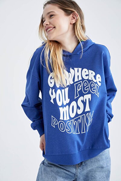 DeFacto Loose Fit Kapüşonlu Slogan Baskılı Sweatshirt
