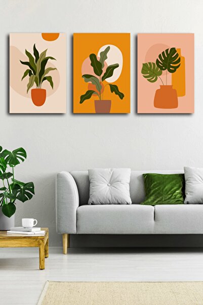 GiftPack Tropikal Yaprak Soyut Modern Minimal Kanvas Tablosu 3'lü Canvas Tabl...