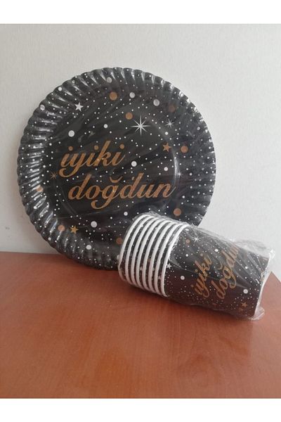 AKTEZ-EL Gold Printed Happy Birthday Themed Set of 8 Black Paper Plates and Glasses