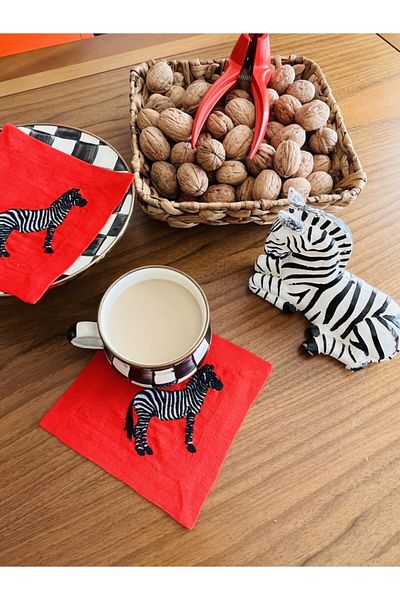 ge living 4-Piece Zebra Embroidered 100% Linen Coffee Cup Pad - Cocktail Napkin