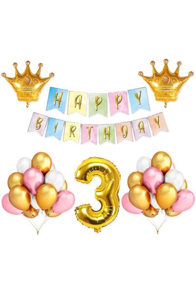 BİDOLUMUTLULUK 3 Year Old Crown Foil Balloon Set