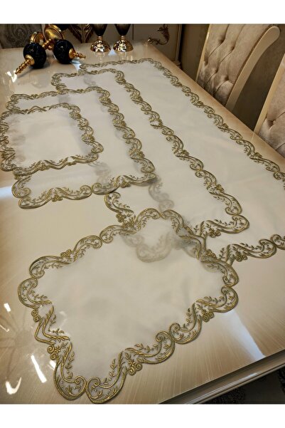 incisecrethome Gold Işlemeli Ödemiş Ipek 5 Parça Salon Set