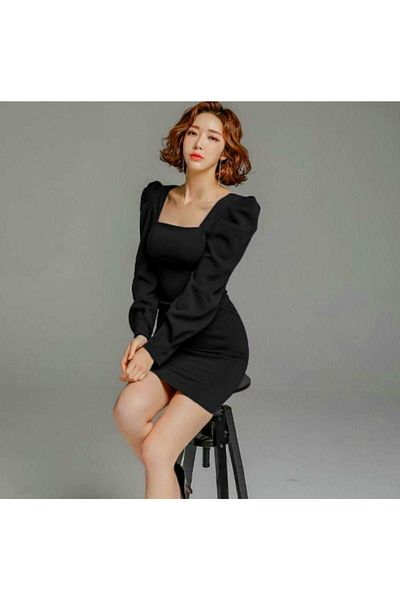 Secret Passion Lingerie Black Flexible Crepe Fabric Square Collar Balloon Sleeve Mini Dress Evening Dress Graduation Dress 581956 644