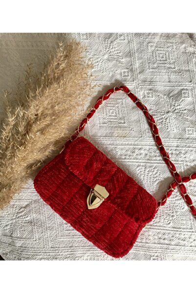 Şirin Kırmızı Pufyy Kadife Kanvas Çanta