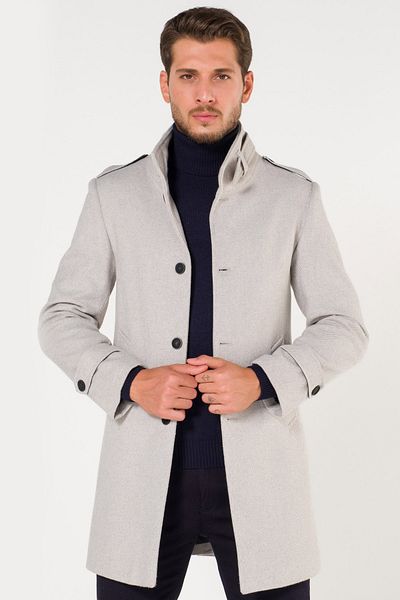 AtakGiyim Men's Gray White Stand-Up Belted Collar Stamp Ezel Coat
