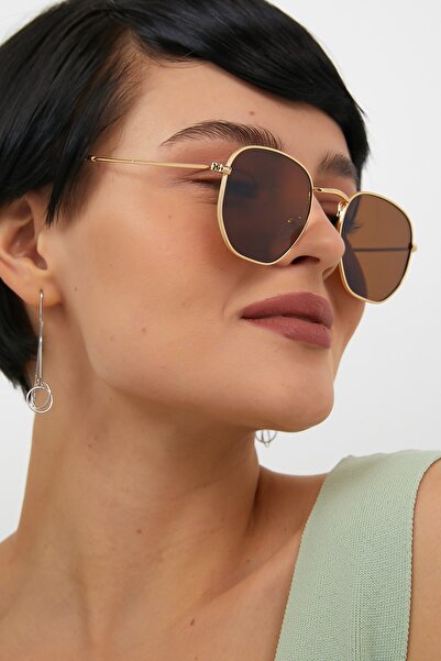 ModaLand Gold Metal Çerçeveli Kahverengi Beşgen Unisex Güneş Gözlüğü Besgen