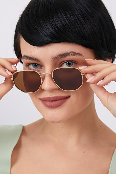 ModaLand Gold Metal Çerçeveli Kahverengi Beşgen Unisex Güneş Gözlüğü Besgen