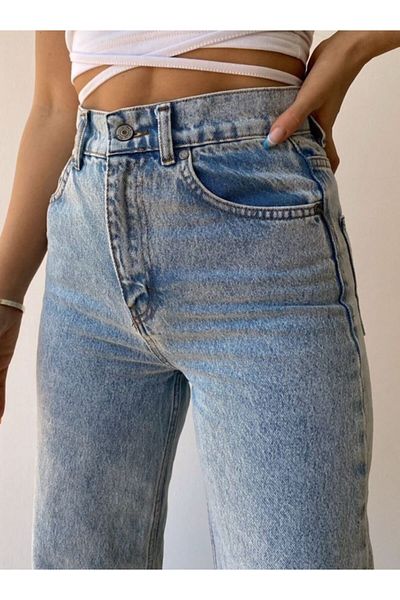 LİMABEL Blue Snow Wash Loose Jeans Extra High Waist Loose Jeans Lycra Palazzo Jeans