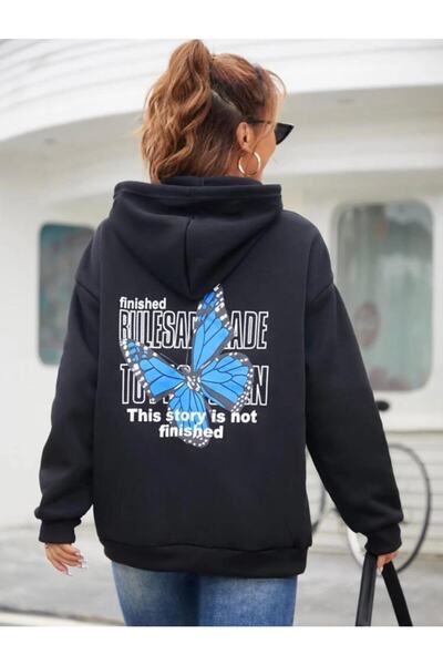 LOUİSA سويت شيرت بغطاء للرأس مطبوع عليه فراشة سوداء كبيرة الحجم