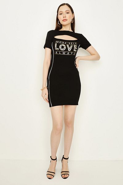 Select Moda Γυναικείο Μαύρο Φόρεμα Bodycon με λεπτομέρεια παραθύρου