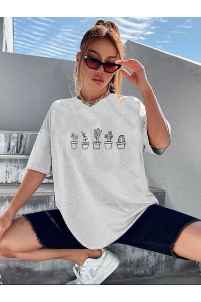 AFROGİYİM Μπλουζάκι Oversize Γκρι Κάκτου