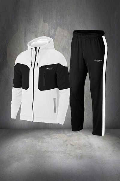 POSEIDON STORM White Supra Combed Cotton Fabric - Plus Size Men's Tracksuit Set 4x, Comfortable Regular Fit, Striped Hoodie