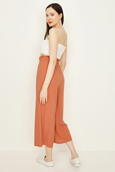 Select Moda Дамски оранжев ежедневен панталон с широки крачоли и еластична талия