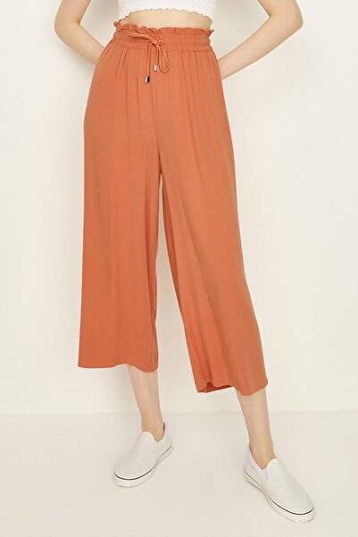 Select Moda Дамски оранжев ежедневен панталон с широки крачоли и еластична талия