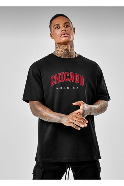 AFROGİYİM Oversize μαύρο μπλουζάκι Chicago America