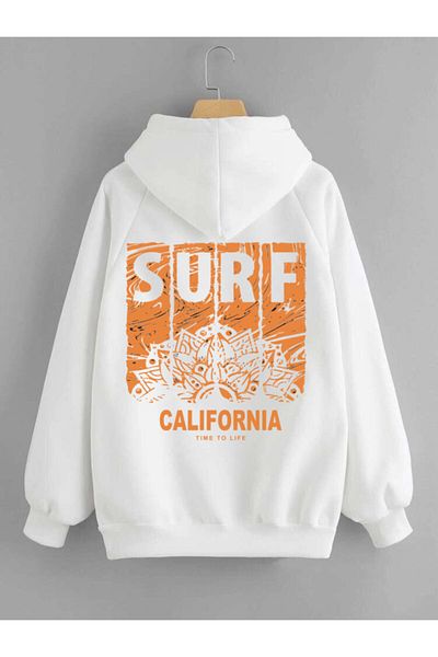 DEEPSENCE Men's Hooded Sweatshirt Surfcalifornia Back Print White