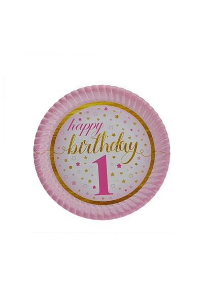 NO NAME Plate Cardboard 1 Year Old Happy Birthday Starry 23 Cm - Pack of 8 Pink