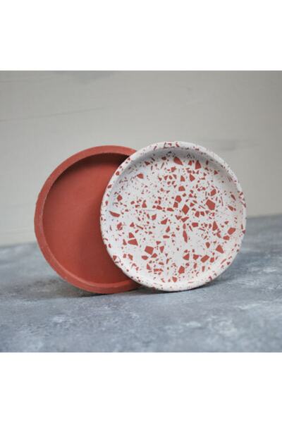 2'li Terracota Beton Döküm Terrazzo Sunum Tabağı Mum Tabağı Ve Organizer
