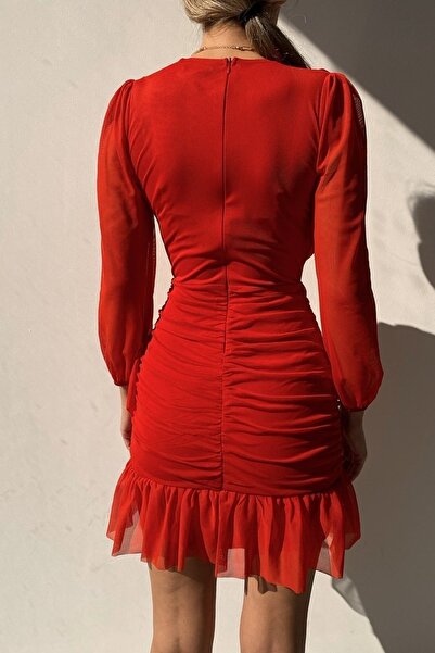 vuvutasarım Lined Tulle Fabric Double Breasted Neck Long Sleeve Red Mini Dress 105