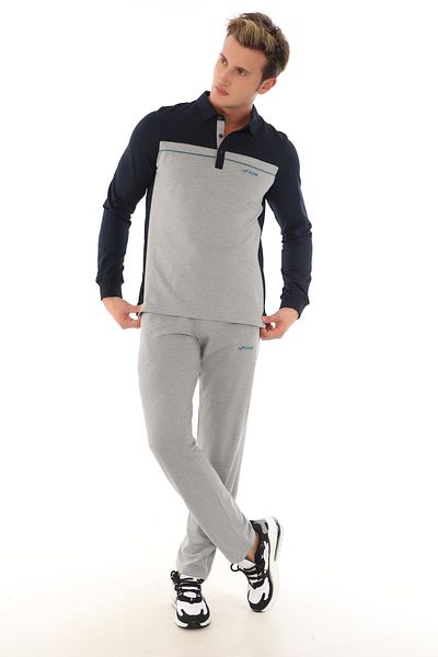 FORE SPORT Men's Gray Melange Polo Neck Long Sleeve T-Shirt Tracksuit Set