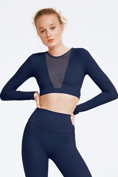 YES FLÂNEUSE Victoria Tül V Yaka, Lacivert Crop Top
