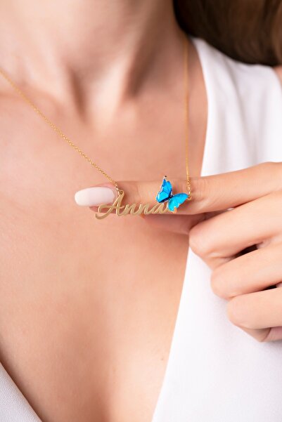 Violansia 925 Ayar Gümüş Isimli Altın Kaplama Mavi Kelebek Kolye