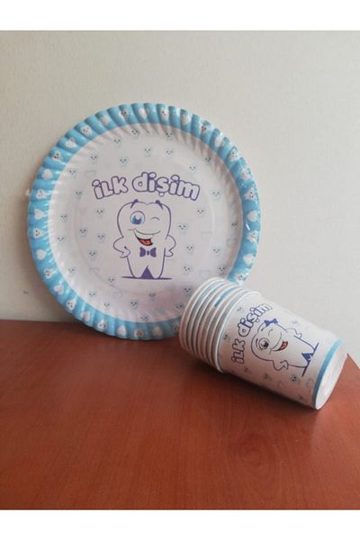 Cadde Süs My First Tooth Written White Paper Plate Cup Set of 8 with Blue Edge