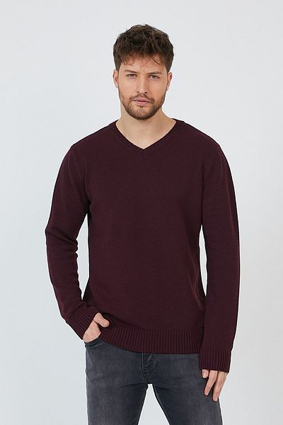 Matte Helsinki Men's V-Neck Claret Red Plain Knitwear Sweater