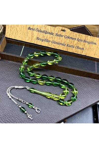 KANUNİ TESBİH Mărgele de rugăciune din moară verde transparentă cu cutie de l...