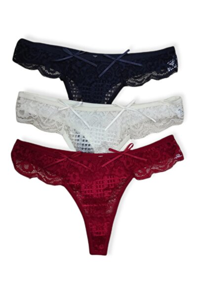 YNCUNDERWEAR Desenli Pamuklu Kadın Tanga Külot 3 Adet Siyah Beyaz Kırmızı