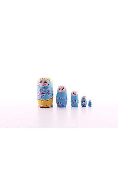 HediyeFilesi Wooden Chubby Nesting Matryoshka Doll Blue 1 Set of 5 Large Size