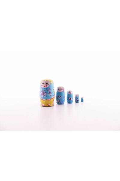 HediyeFilesi Wooden Chubby Nesting Matryoshka Doll Blue 1 Set of 5 Large Size