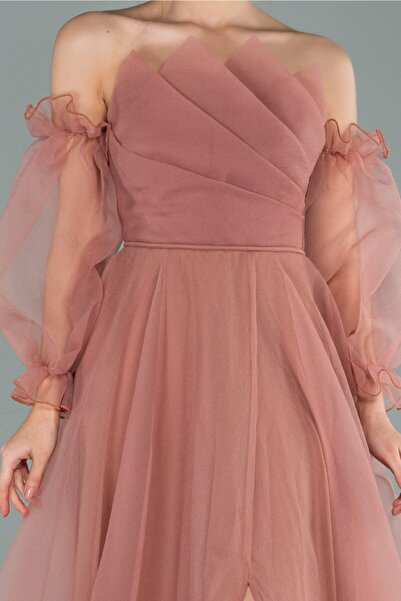 Abiyefon Soğan Kabuğu Uzun Kol Dalya Abiye Elbise Abu2076