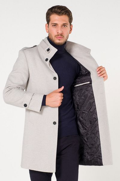 AtakGiyim Men's Gray White Stand-Up Belted Collar Stamp Ezel Coat