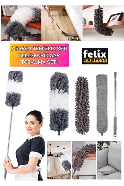 AYLA STAND Sihirli Mikrofiber Başlıklı Girintili Yüzey Dip Köşe Raf Temizleme Mopu Toz Alma Fırçası 3 Parça