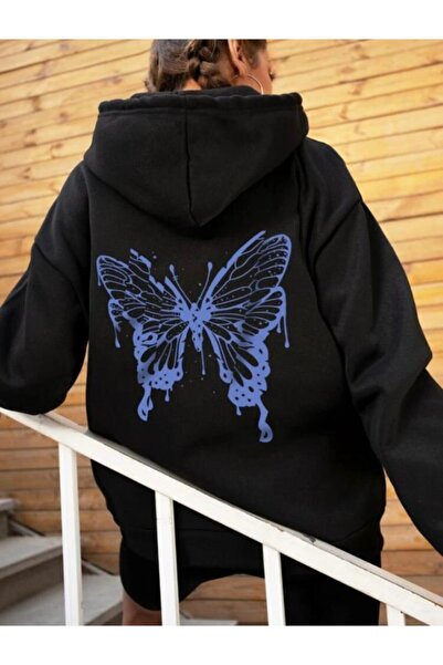 LOUİSA Hanorac oversize cu glugă, mov, imprimat cu fluturi