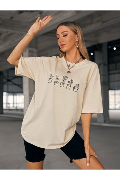 AFROGİYİM Υπερμεγέθη Μπεζ T-Shirt Κάκτου