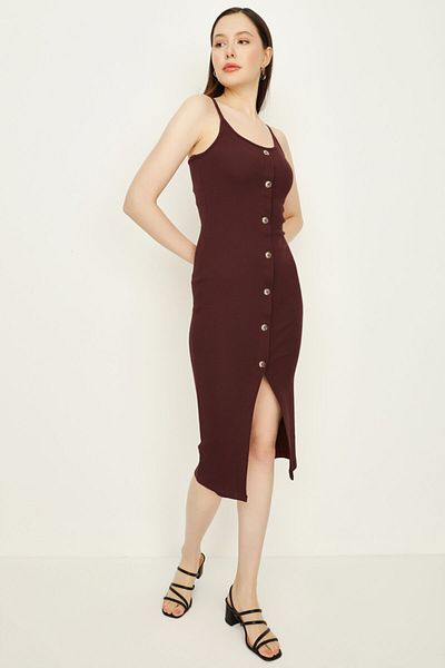 Select Moda Γυναικείο φόρεμα μίντι με λουράκι σε καφέ με λεπτομέρεια με κουμπιά μπροστά