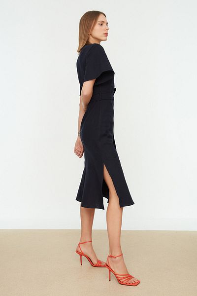 Trendyol Collection Sötétkék öves Flounce szőtt ruha TWOSS22EL1133