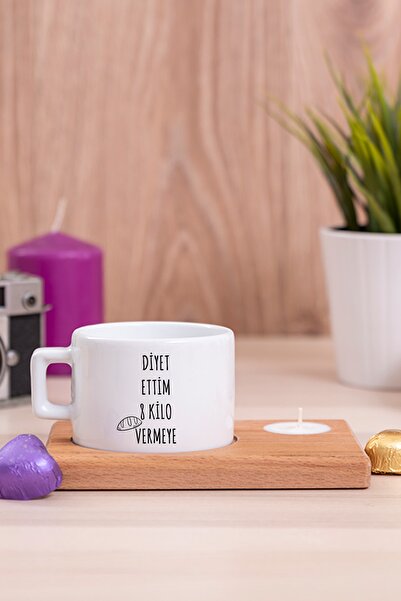 Procity Diyet Ettim Kilo Vermeye Esprili Ahşap Altlıklı Mumlu Fincan