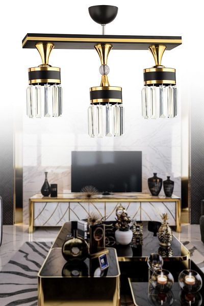 KUZEY AYDINLATMA Deep 3-Piece Caka Crystal Stone Black Gold Modern Chandelier
