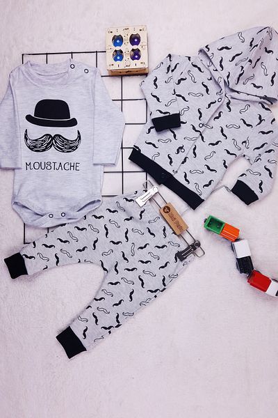 Mai Perla Gray Mustache 3-Piece Baby Set