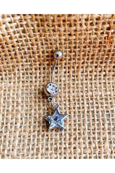 Yeşim Aksesuar Women's Star Figured Zircon Stone Steel Belly Piercing