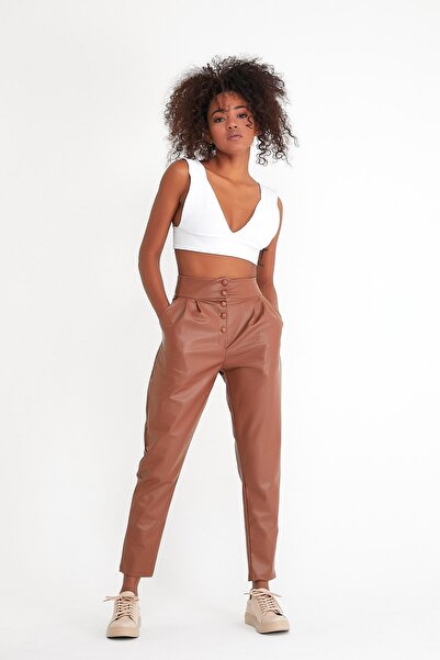 MRS.MODA Women's Front Buttoned Leather Trousers
