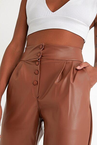 MRS.MODA Women's Front Buttoned Leather Trousers