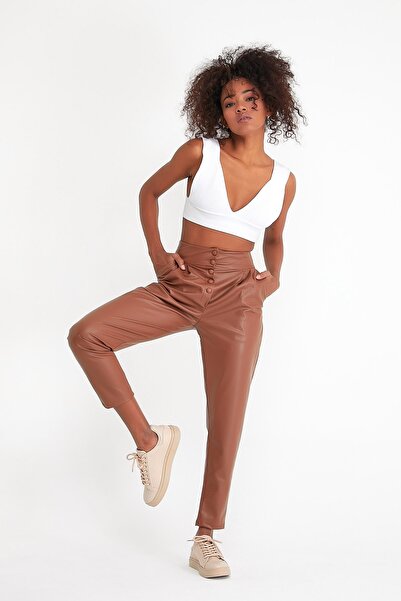 MRS.MODA Women's Front Buttoned Leather Trousers