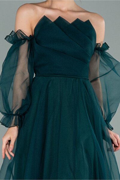 Abiyefon Zümrüt Yeşili Uzun Kol Dalya Abiye Elbise Abu2076