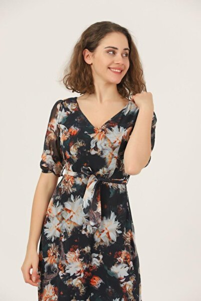 Ceylen Desenli Şifon Ön Arka V Yaka Yarım Kol Kloş Uzun Elbise