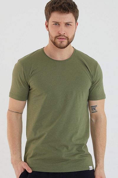 AMAZING CRASH Ανδρικό μπλουζάκι με κοντό μανίκι Khaki Basic Crew Neck Slim Fit