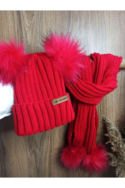 Lina Kids Комплект шапки с червен детски шал (6 месеца - 10 години)